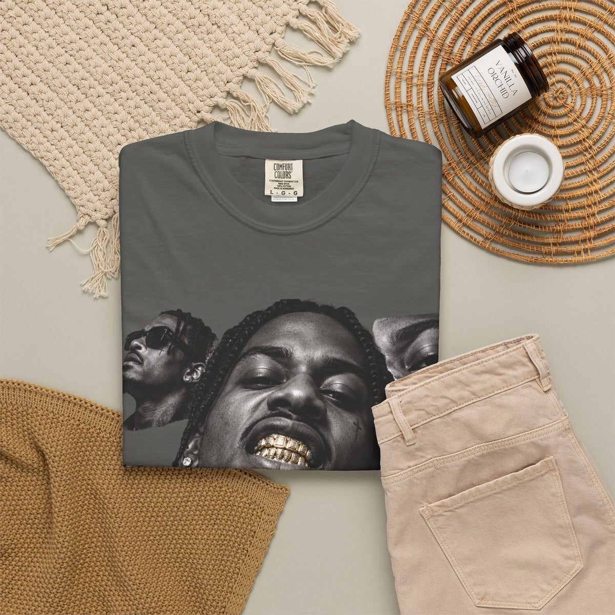 Rapper Portrait Graphic Tee — Gold Grill Collage T-Shirt