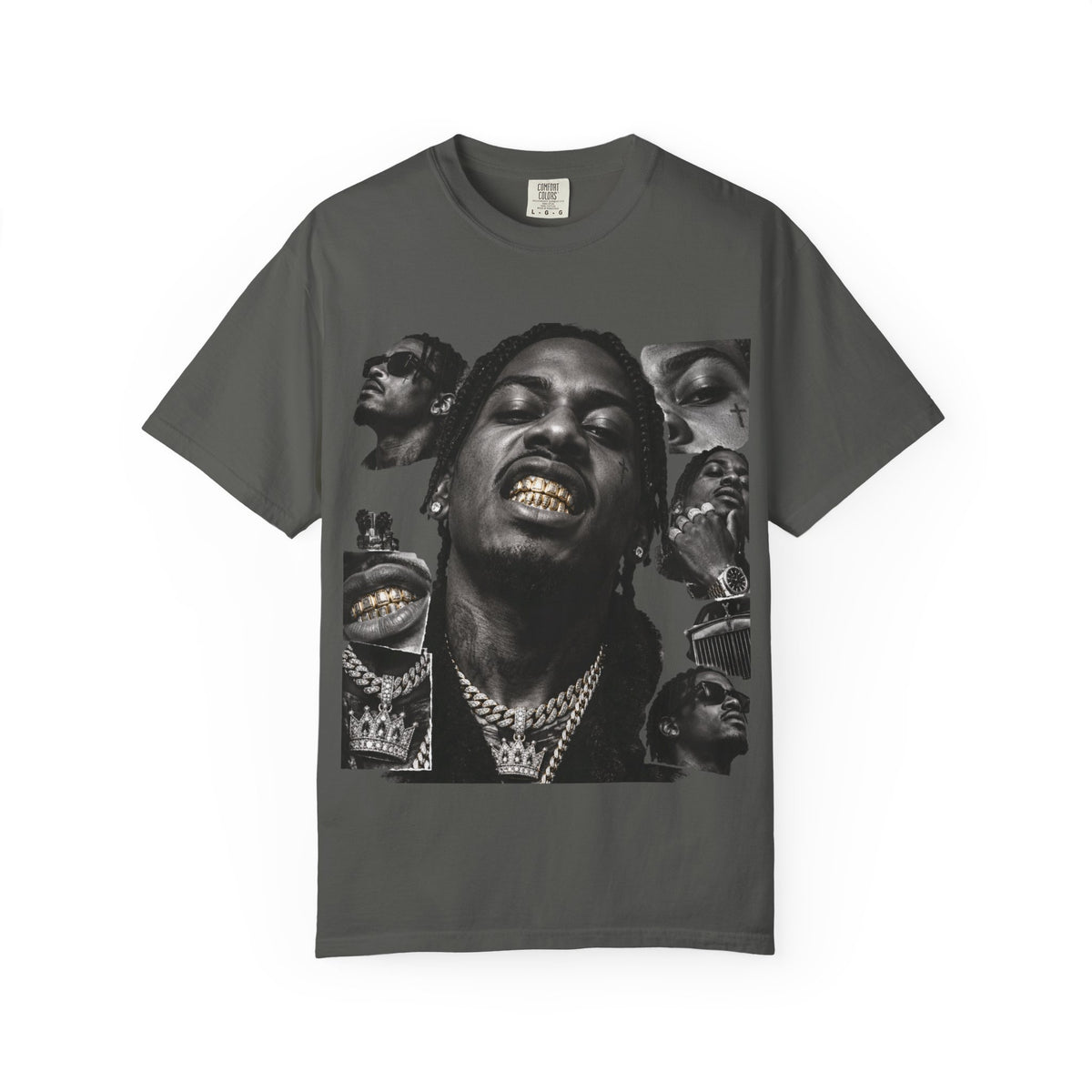 Rapper Portrait Graphic Tee — Gold Grill Collage T-Shirt