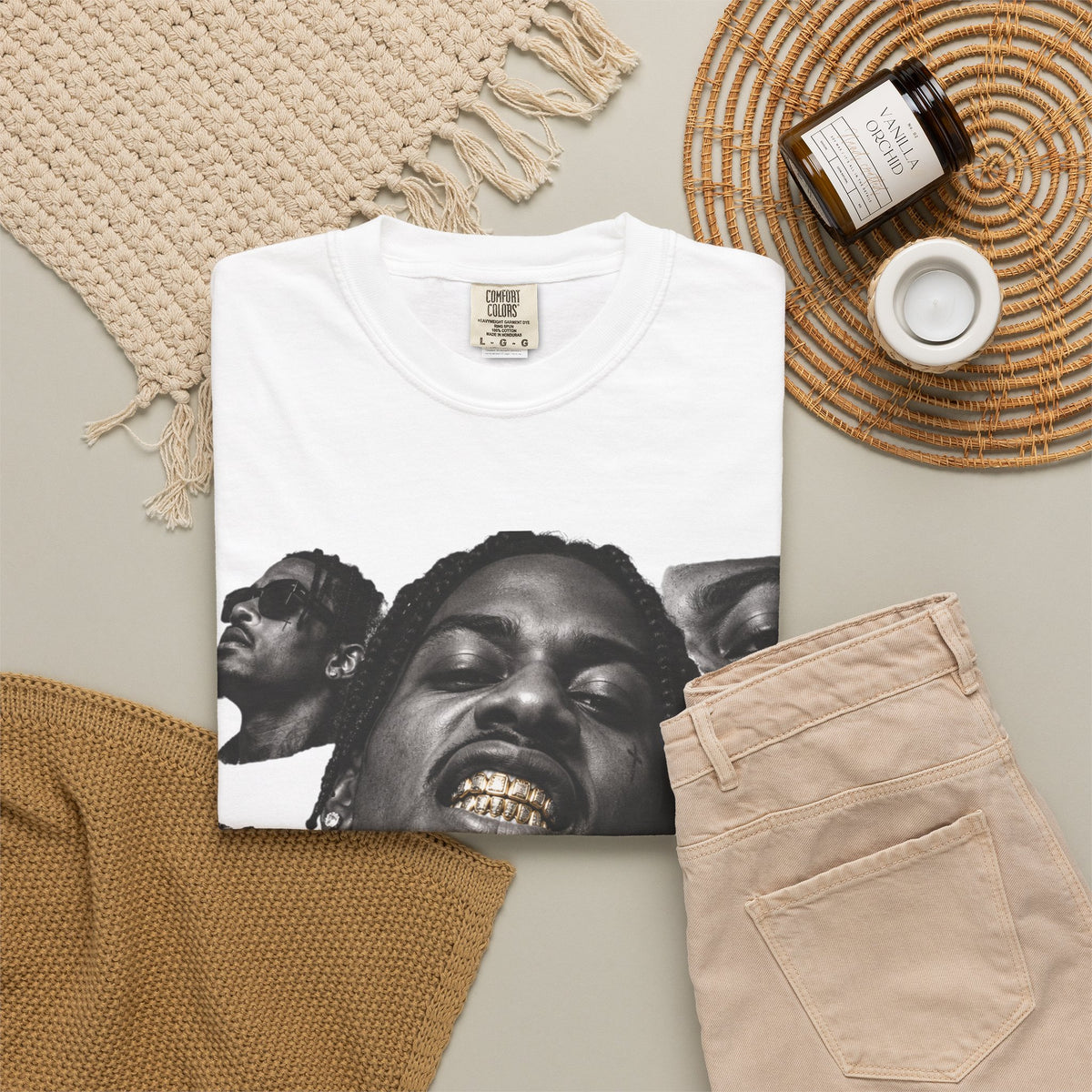 Rapper Portrait Graphic Tee — Gold Grill Collage T-Shirt