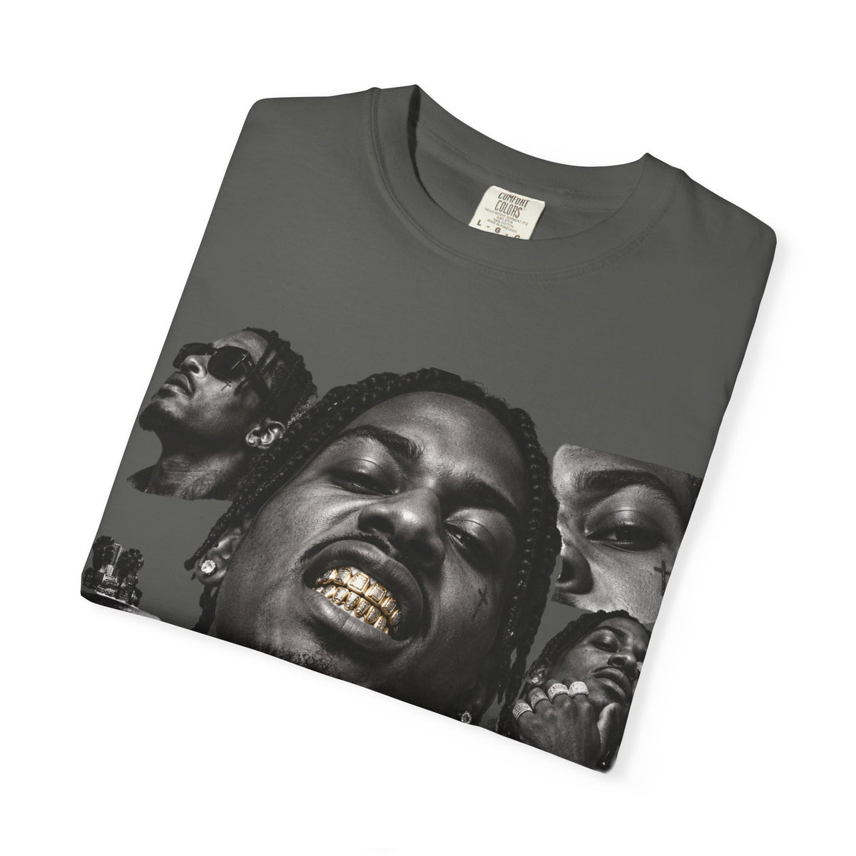 Rapper Portrait Graphic Tee — Gold Grill Collage T-Shirt