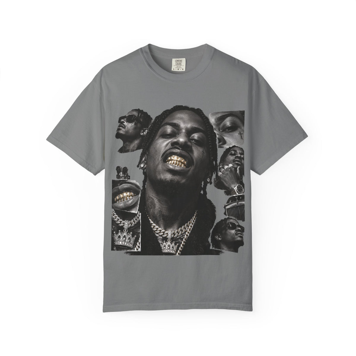Rapper Portrait Graphic Tee — Gold Grill Collage T-Shirt