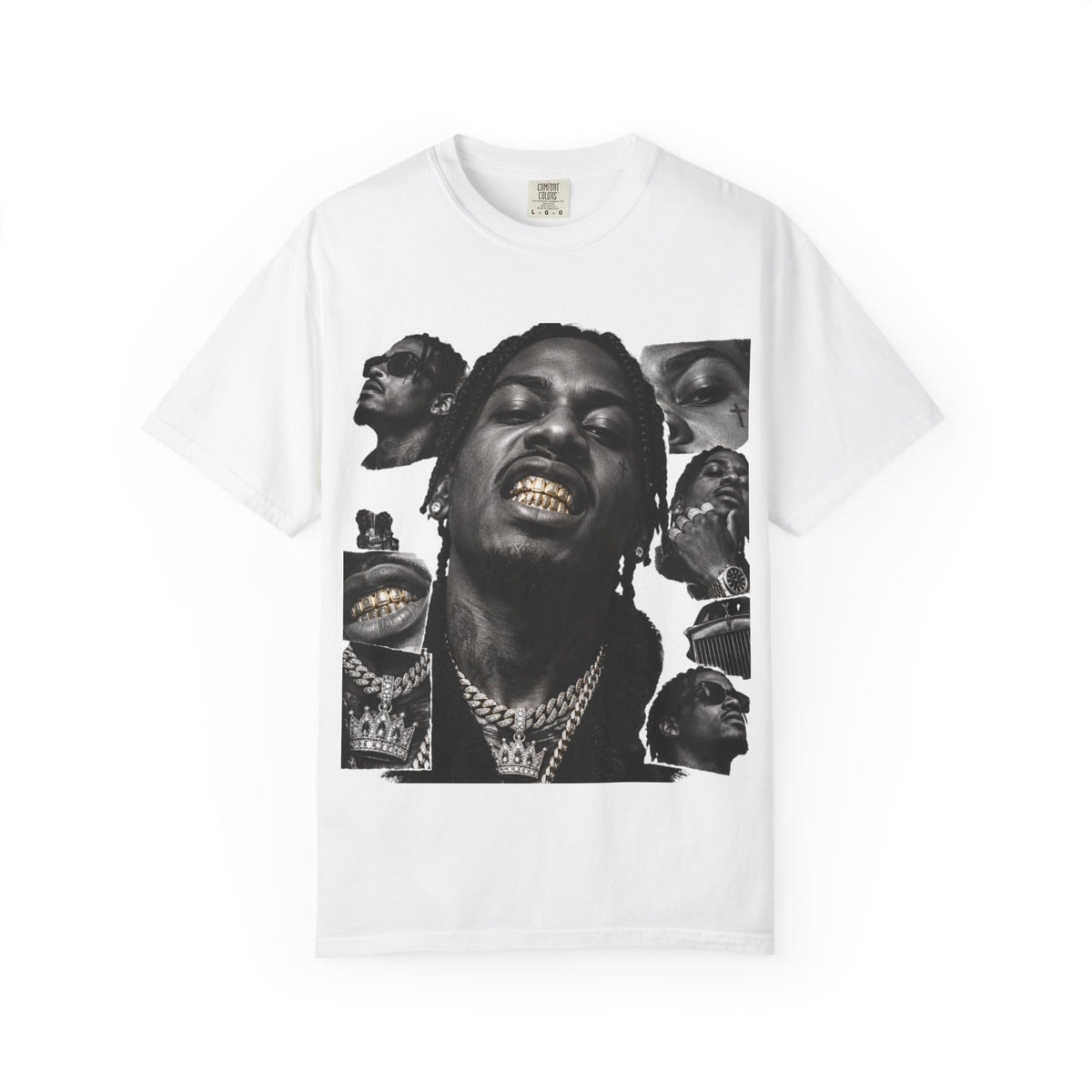 Rapper Portrait Graphic Tee — Gold Grill Collage T-Shirt